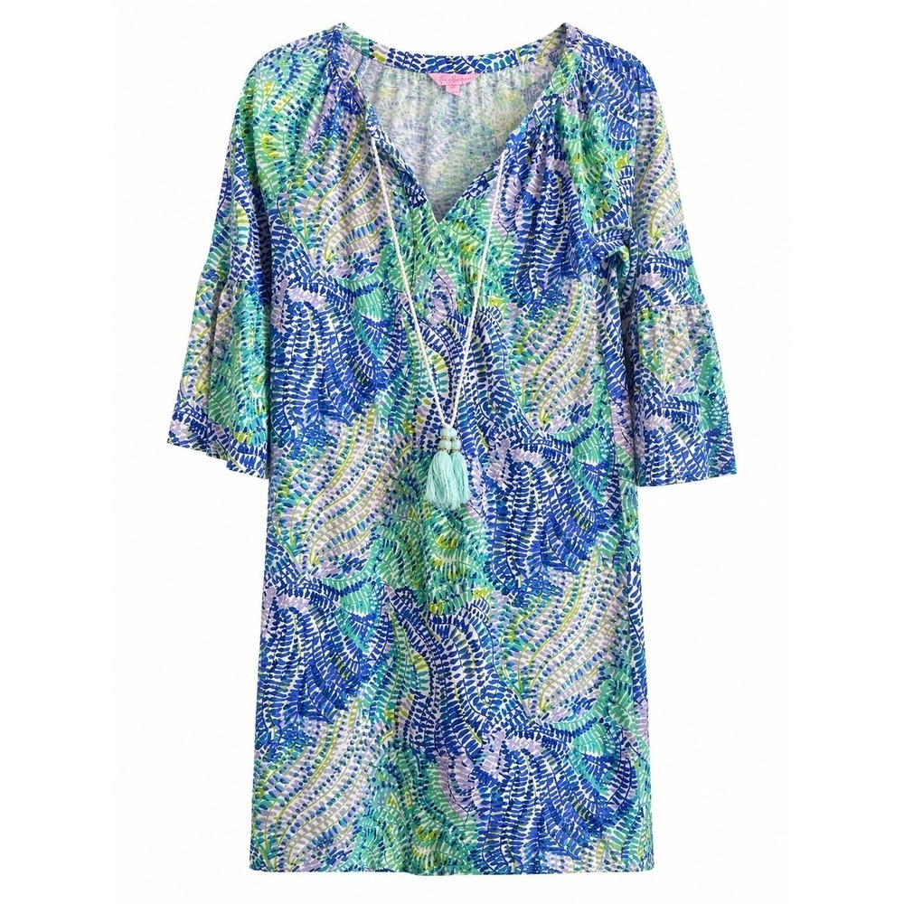 Lilly Pulitzer Del Lago Tunic Dress XS Blue Green Resort Bell Sleeve Tassel